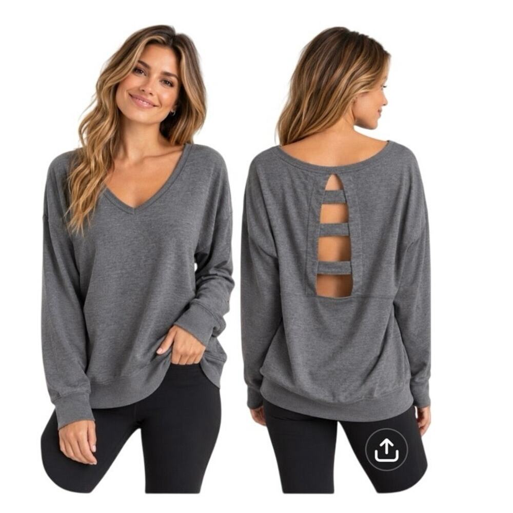 Freely Gray Open Back Ladder Strap Pullover Sweatshirt V Neck Relaxed Fit M